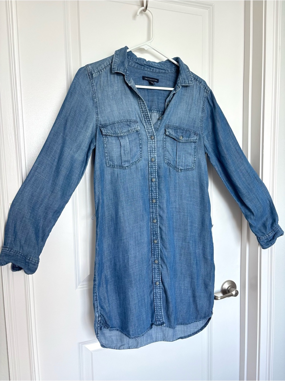 American Eagle Denim Shirt Dress XS Blue Chambray Long Sleeve Utility Western
